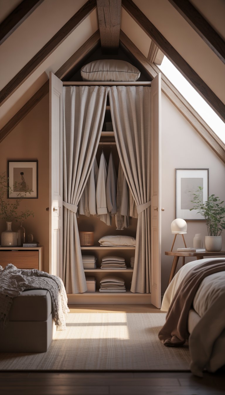 Attic bedroom with an open wardrobe featuring fabric curtains, a bed, wooden beams, and natural light from a skylight.