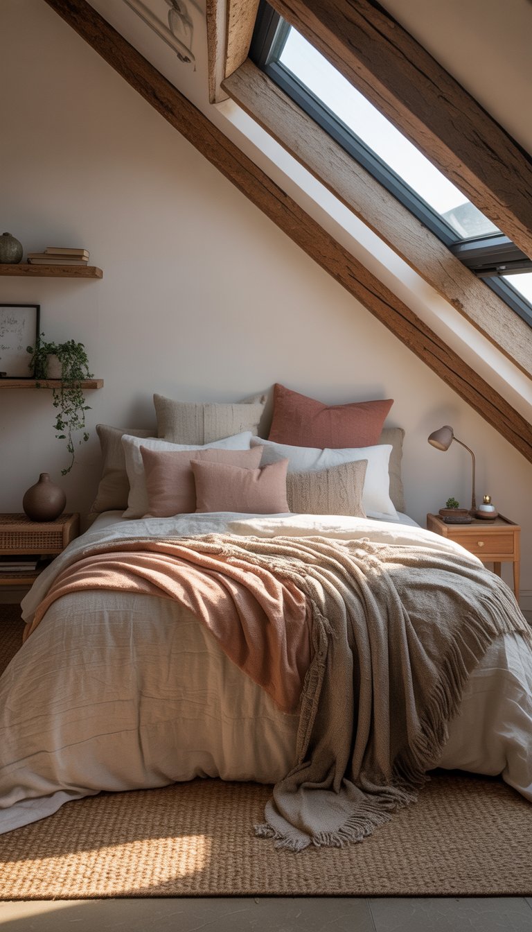 Attic bedroom with a cozy bed layered with blankets and throws, wooden beams on the ceiling, and a skylight letting in natural light.