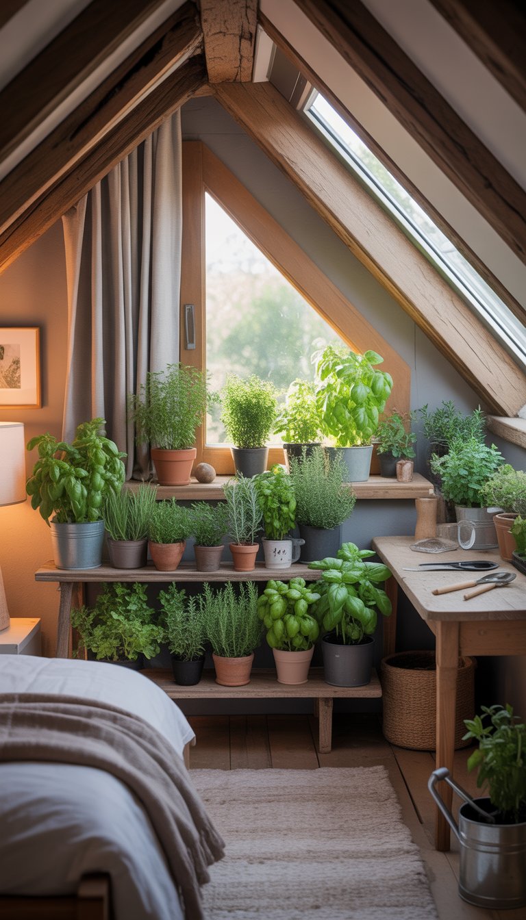 A small indoor herb garden with various green herbs in pots placed on wooden shelves and windowsills inside a cozy attic bedroom with slanted ceilings and a skylight.