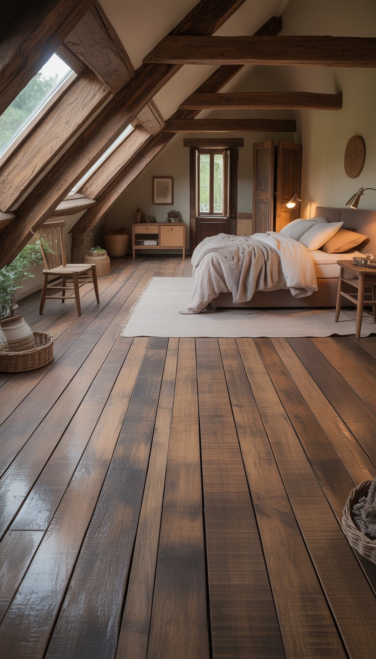 A cozy attic bedroom with rustic wooden floorboards, a bed, exposed wooden beams, and natural light coming through skylights.