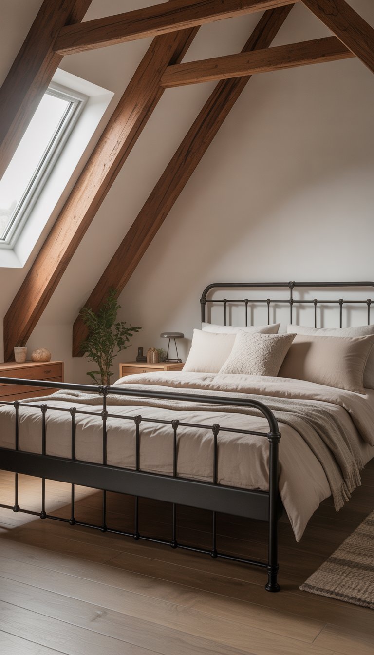 An attic bedroom with a black metal bed frame, wooden beams, a skylight window, and cozy bedding.