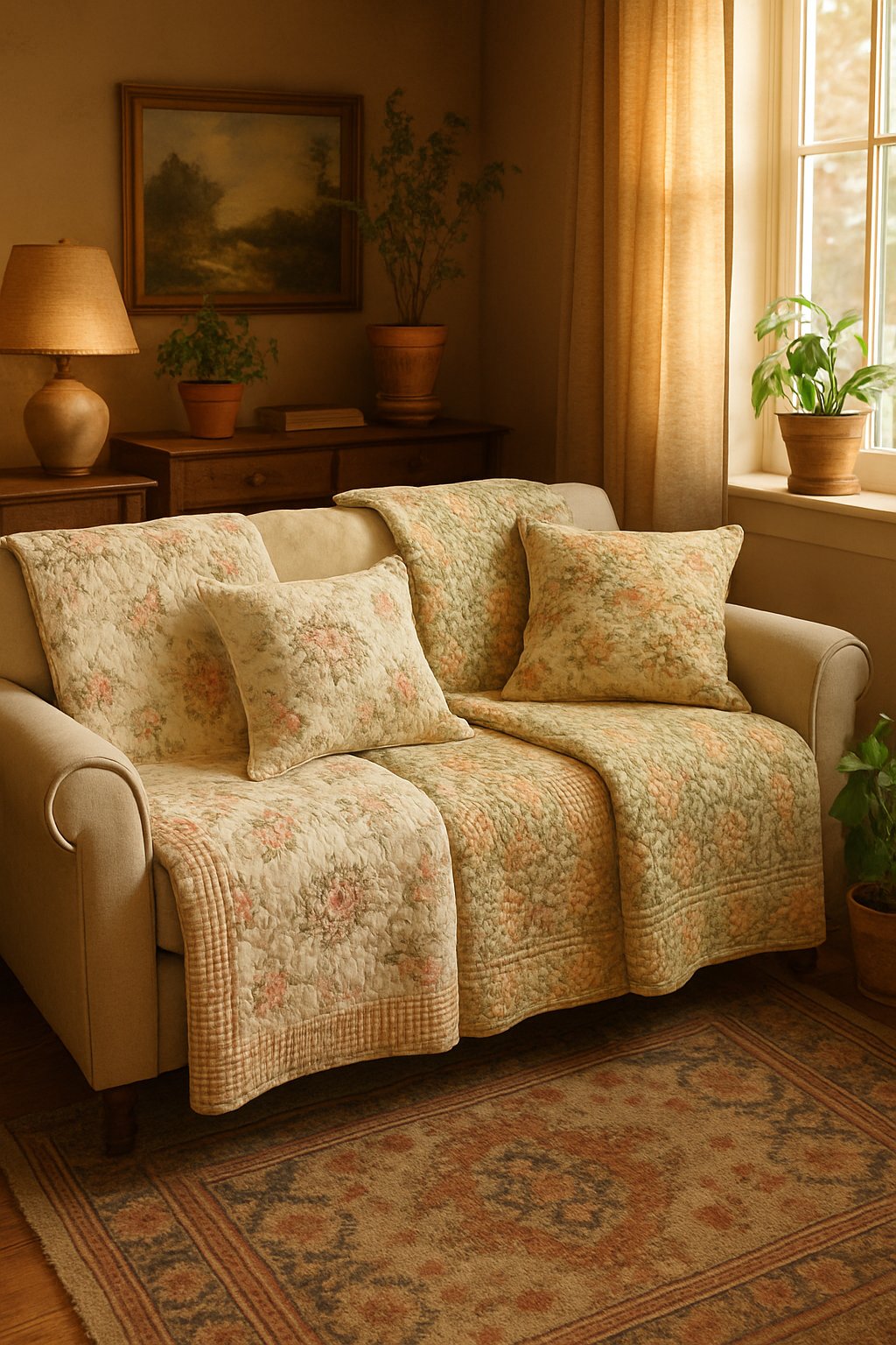 A living room with a sofa covered by quilted throw blankets featuring floral patterns, surrounded by wooden furniture and plants.
