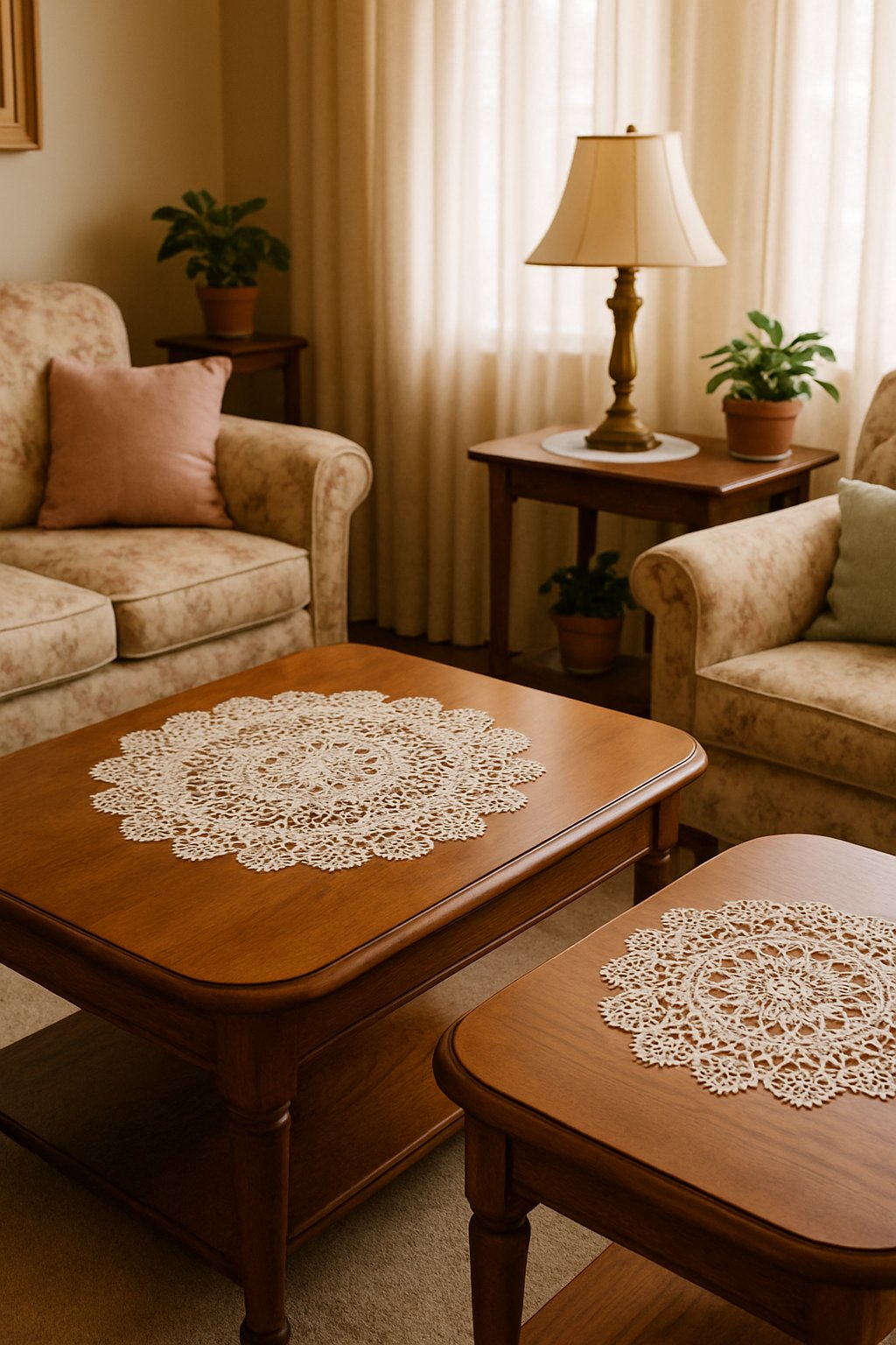 A cozy living room with wooden coffee tables adorned with lace doilies, surrounded by comfortable armchairs, a table lamp, and potted plants.
