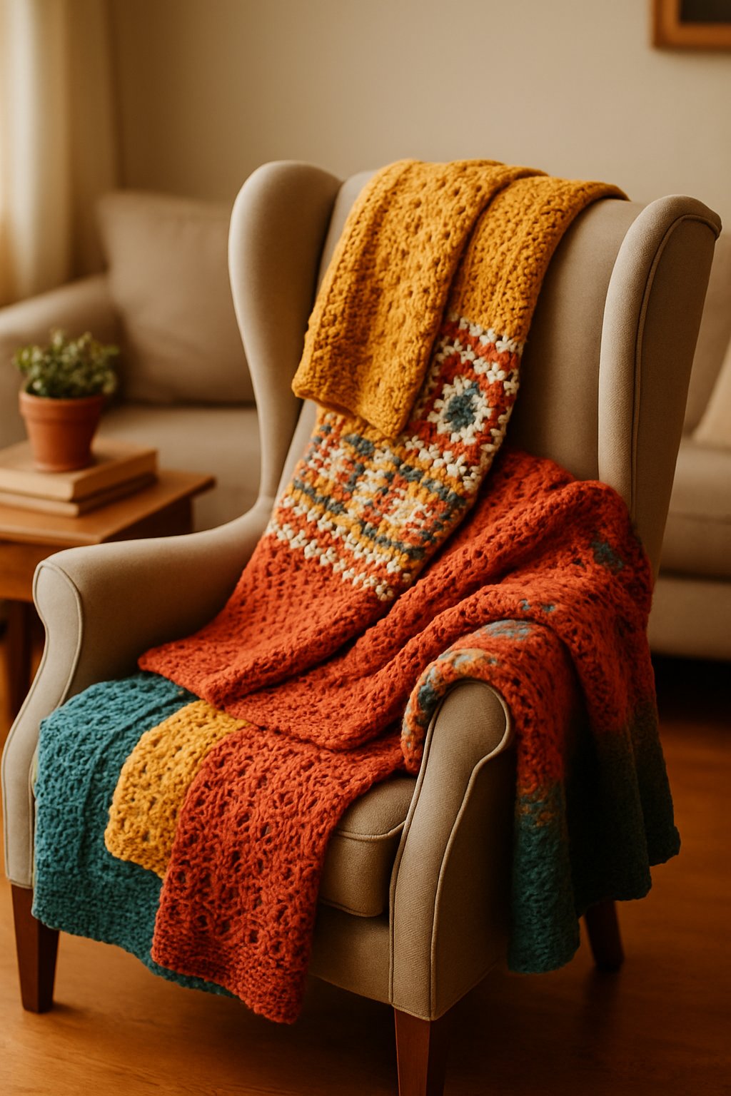 A wingback chair covered with knitted afghans in a cozy living room setting.