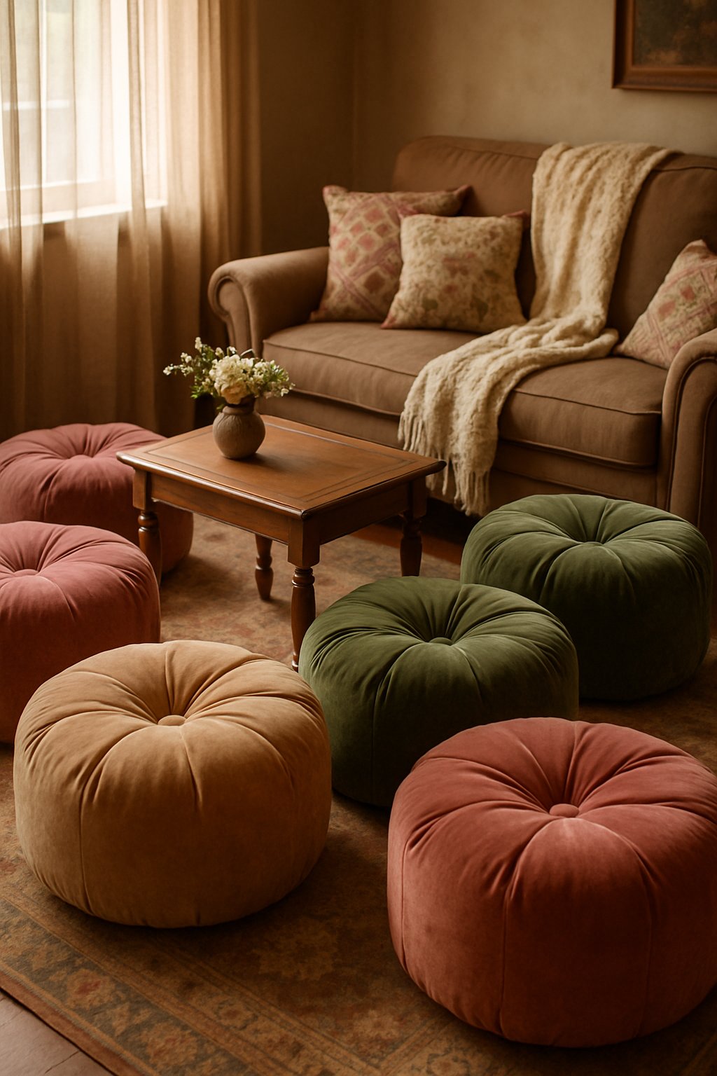 A cozy living room with velvet puff ottomans used as footrests around a comfortable seating area with vintage decor.
