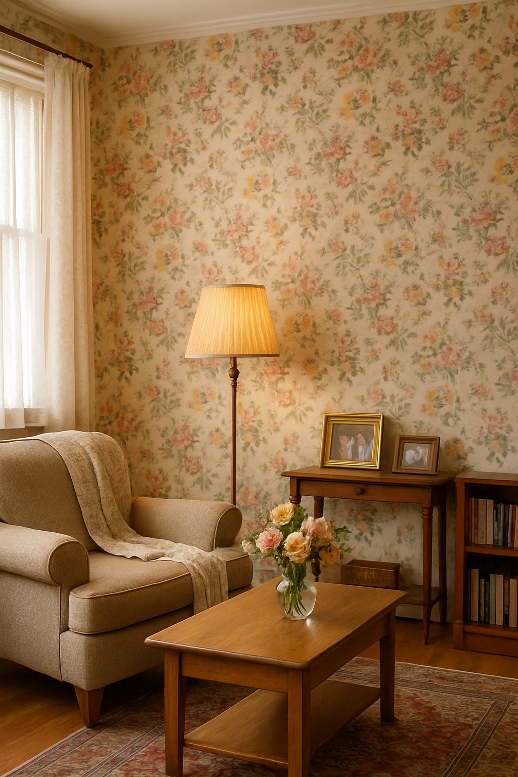A cozy living room with floral wallpaper, a plush armchair, wooden coffee table with flowers, a floor lamp, lace curtains, and framed photos.