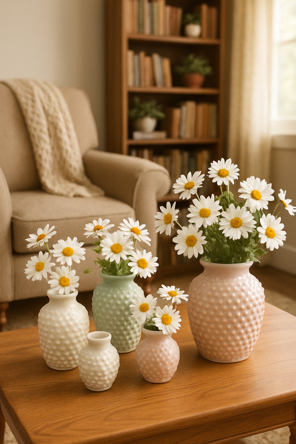 Ceramic hobnail vases filled with fresh daisies on a wooden table in a cozy living room.