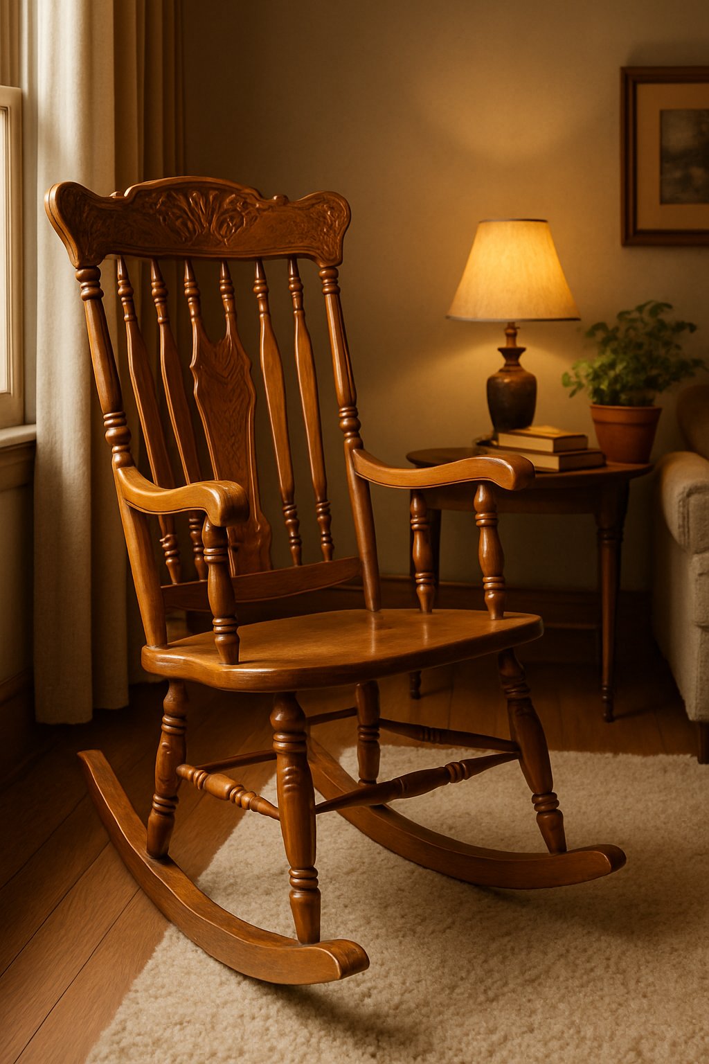 An antique wooden rocking chair in the corner of a living room next to a small table with a lamp and books.