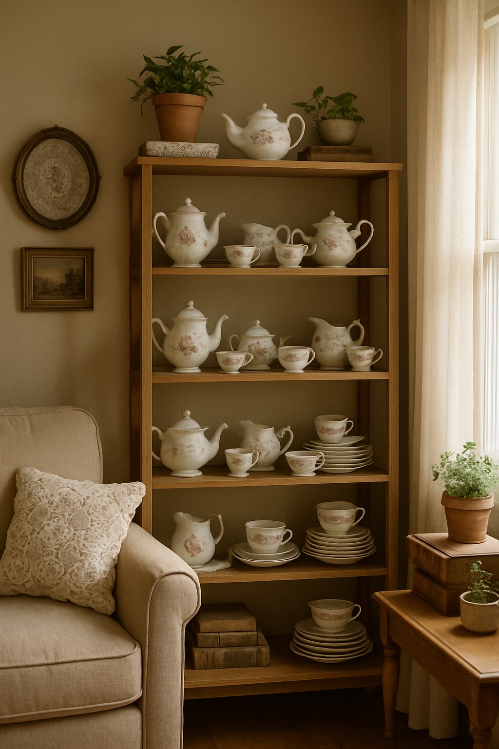 Open wooden shelves displaying porcelain teacups, teapots, and saucers in a cozy living room corner.