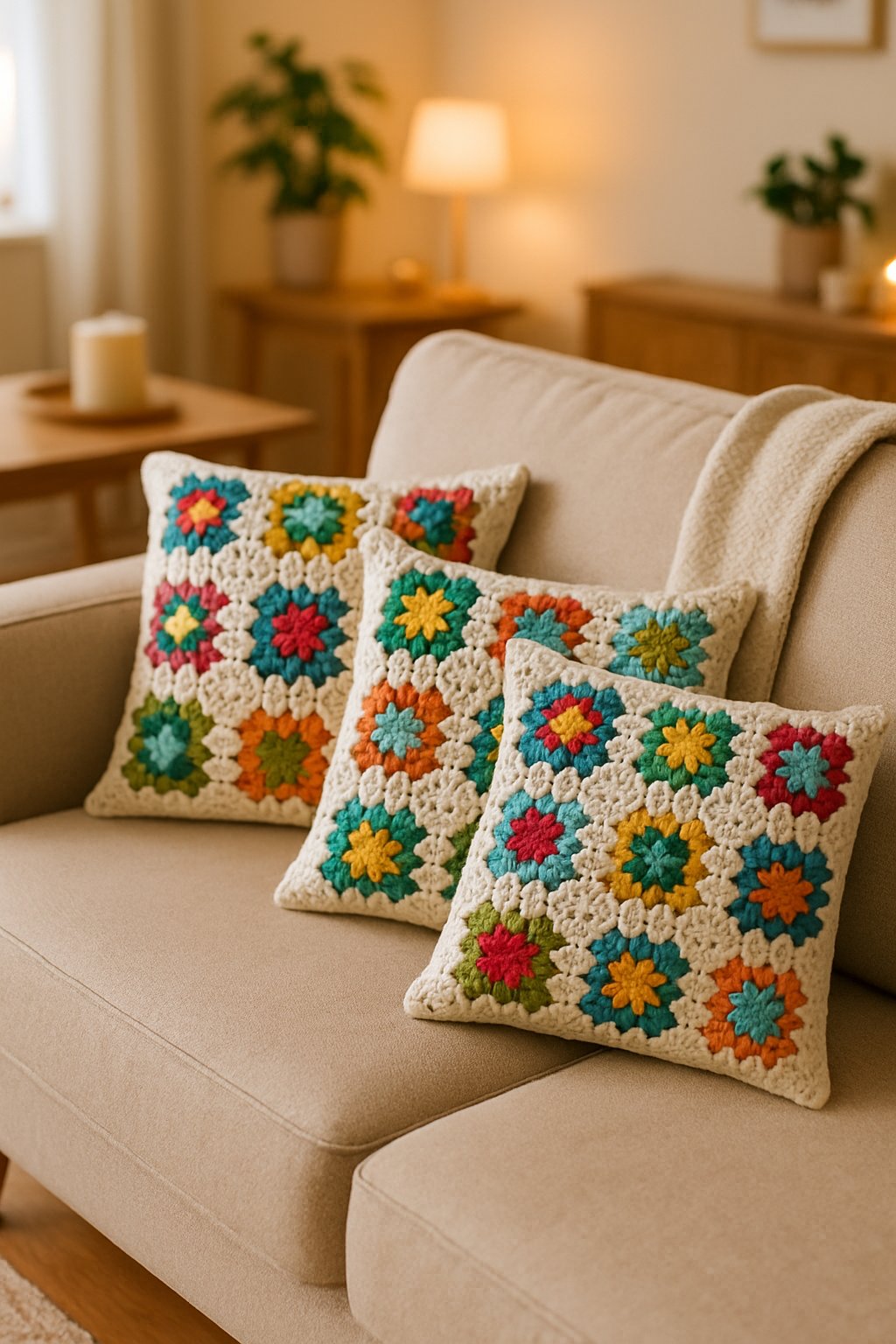 A cozy living room with a sofa decorated with colorful crochet pillows featuring granny square patterns.