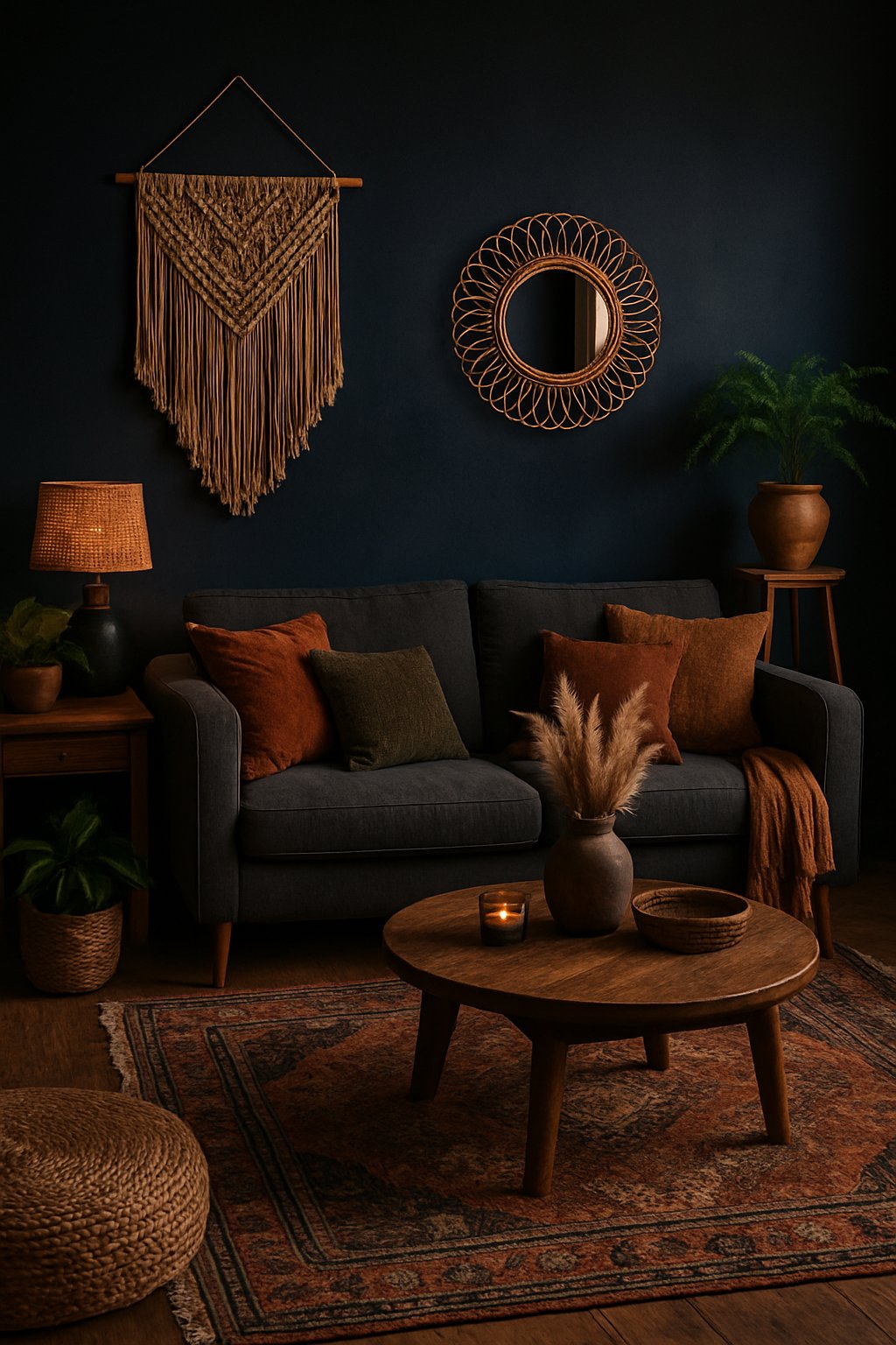 A living room with dark navy walls, comfortable seating, wooden furniture, woven rugs, and plants creating a cozy atmosphere.