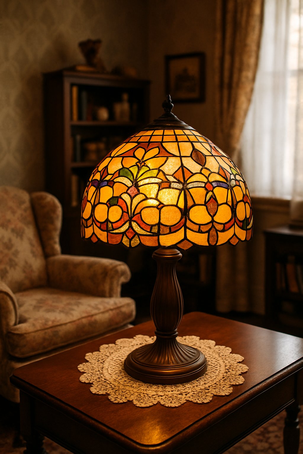 A stained glass lamp glowing on a wooden table in a cozy living room with vintage furniture and warm lighting.