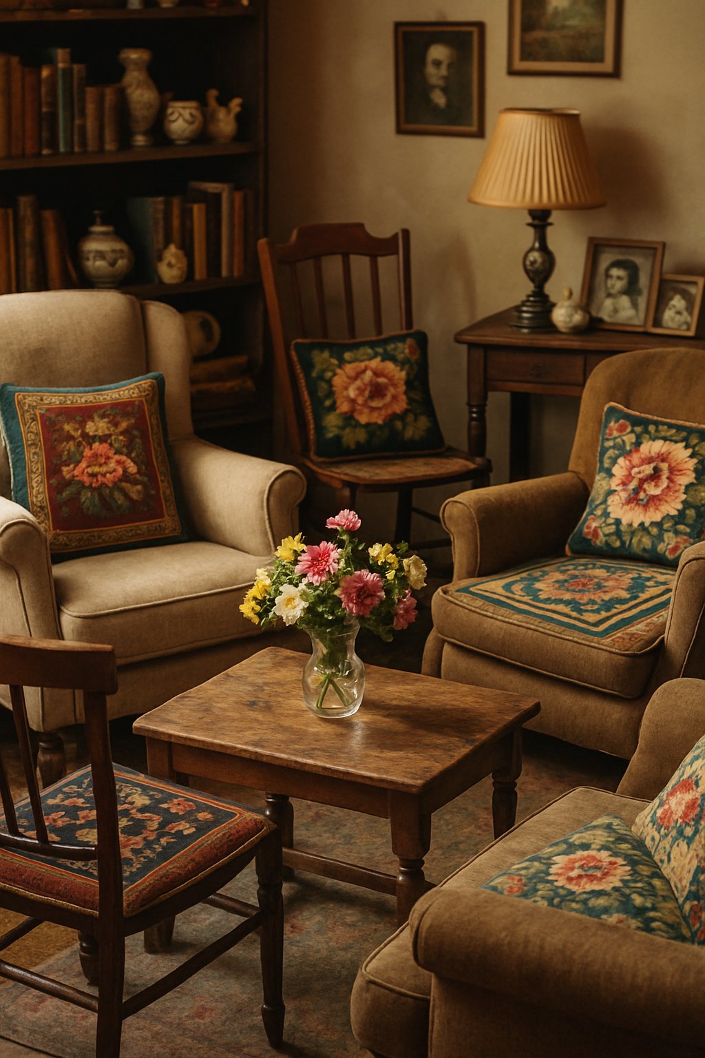 A living room with multiple chairs, each decorated with colorful needlepoint cushions, surrounded by warm wooden furniture and nostalgic decor.