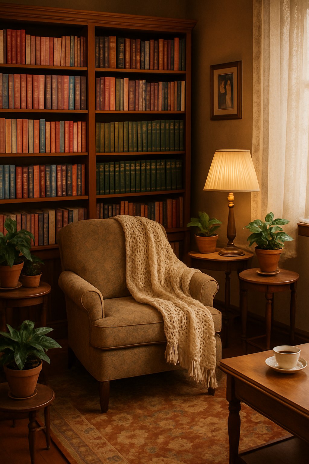 A living room with wooden bookshelves filled with hardcover romance and mystery books, a cozy armchair with a knitted blanket, plants, and warm lighting.