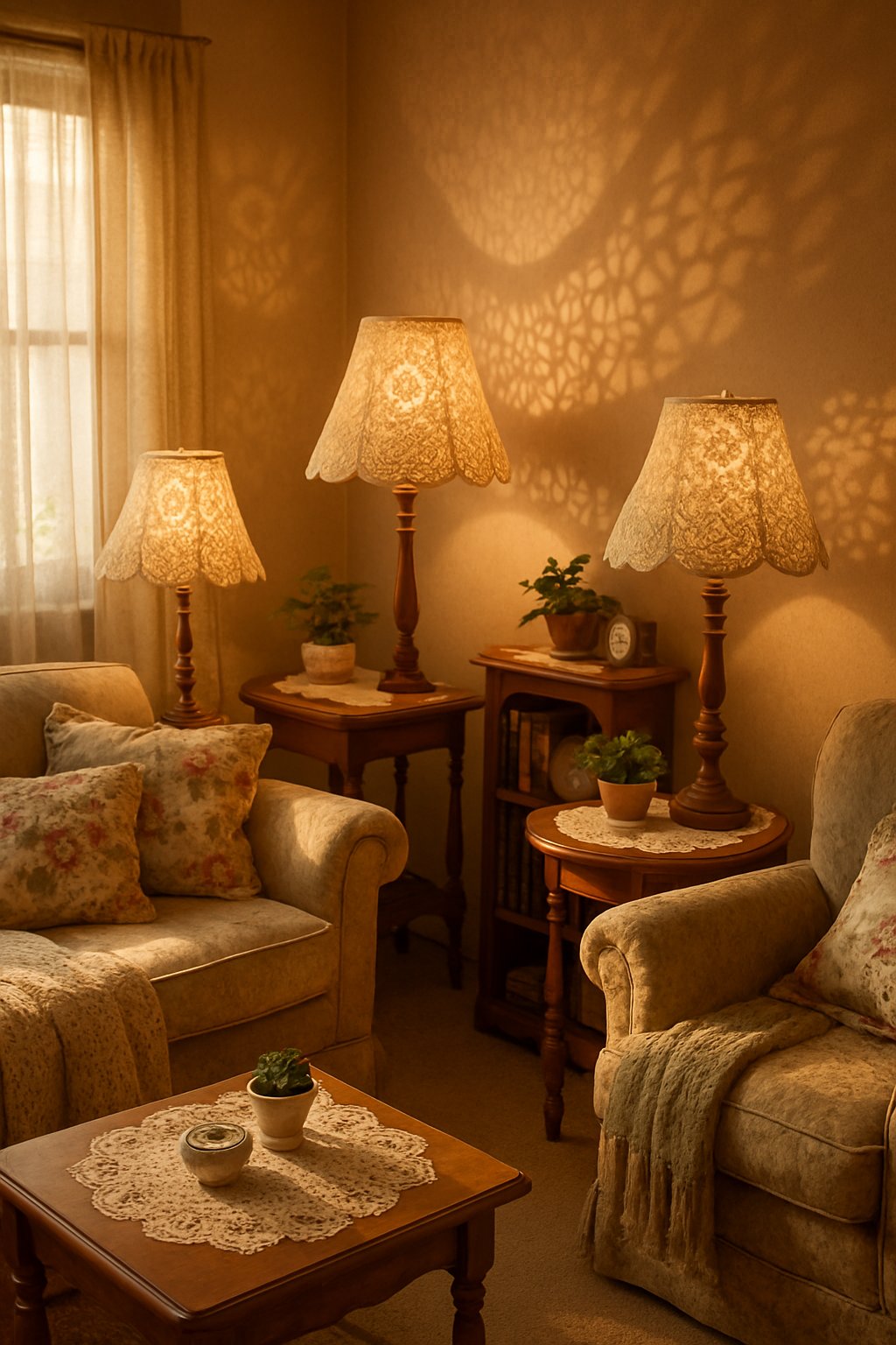 A warm living room with doilied lampshades casting soft shadows over vintage furniture and cozy decorations.
