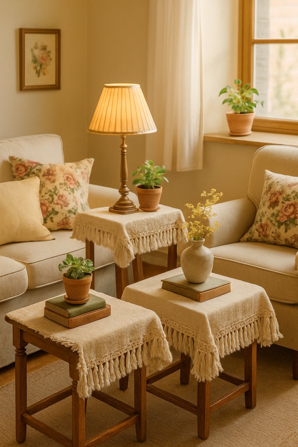 A living room with side tables covered by fringed table runners, surrounded by cozy furniture and decorative items.