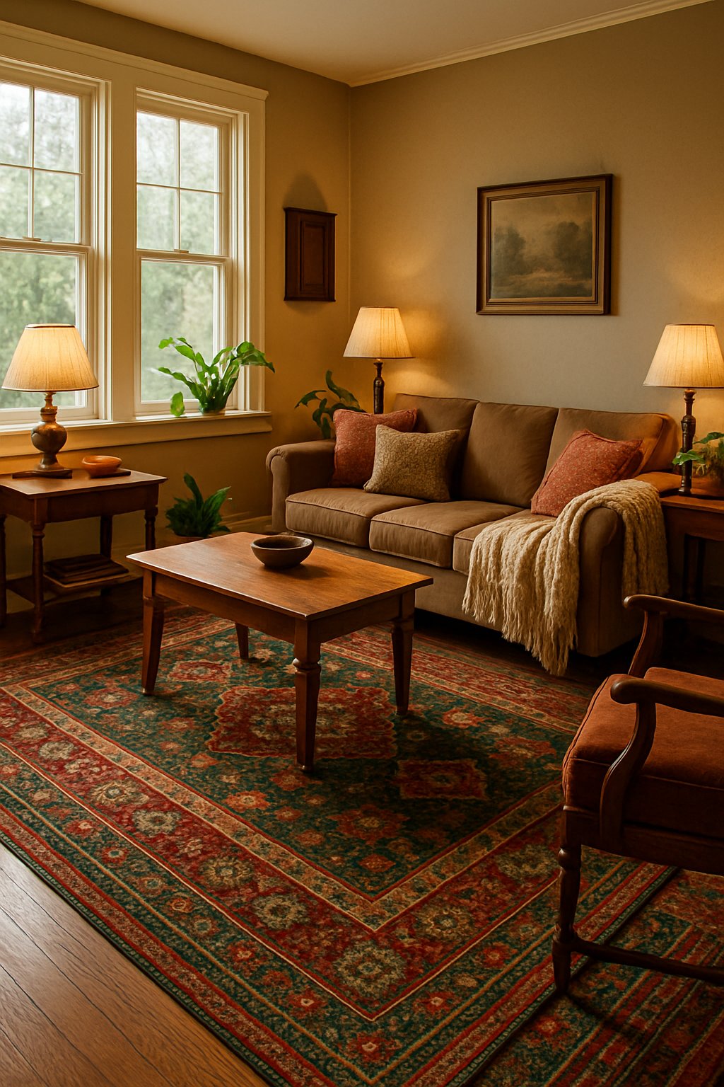 A cozy living room with patterned red and green area rugs, a sofa, coffee table, and warm lighting.