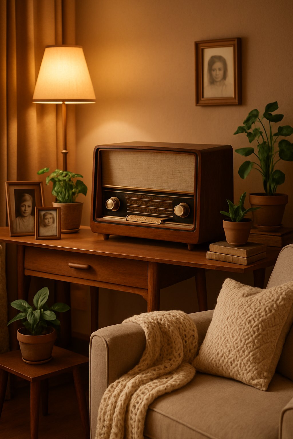 A cozy living room with an old-fashioned radio or record player on a wooden side table surrounded by plants, books, and framed photos.