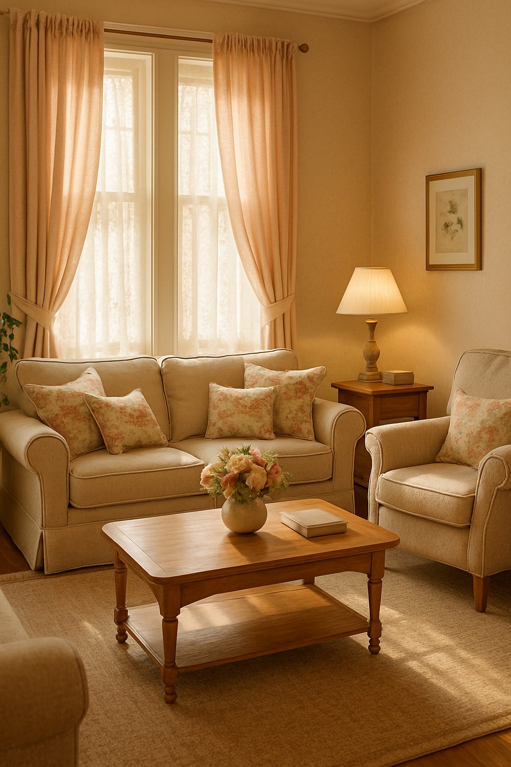 A cozy living room with pastel curtains and lace details, featuring a wooden coffee table and an armchair.