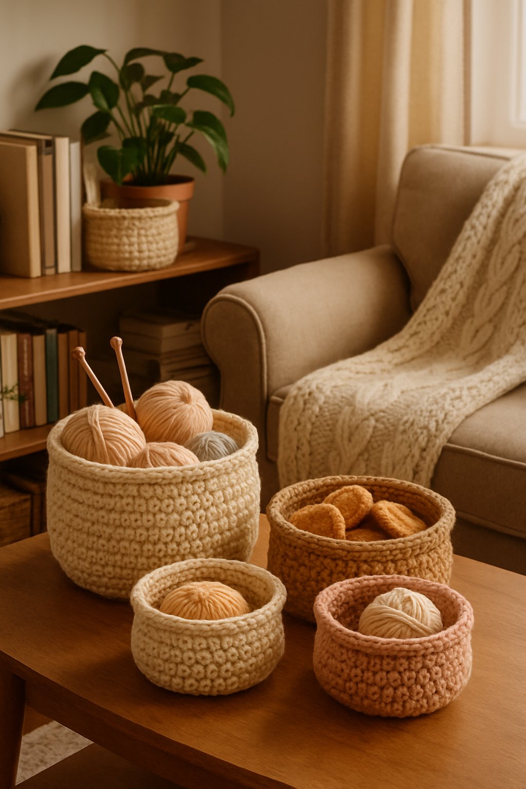 A living room with crochet baskets holding knitting supplies and snacks, surrounded by comfortable furniture and plants.