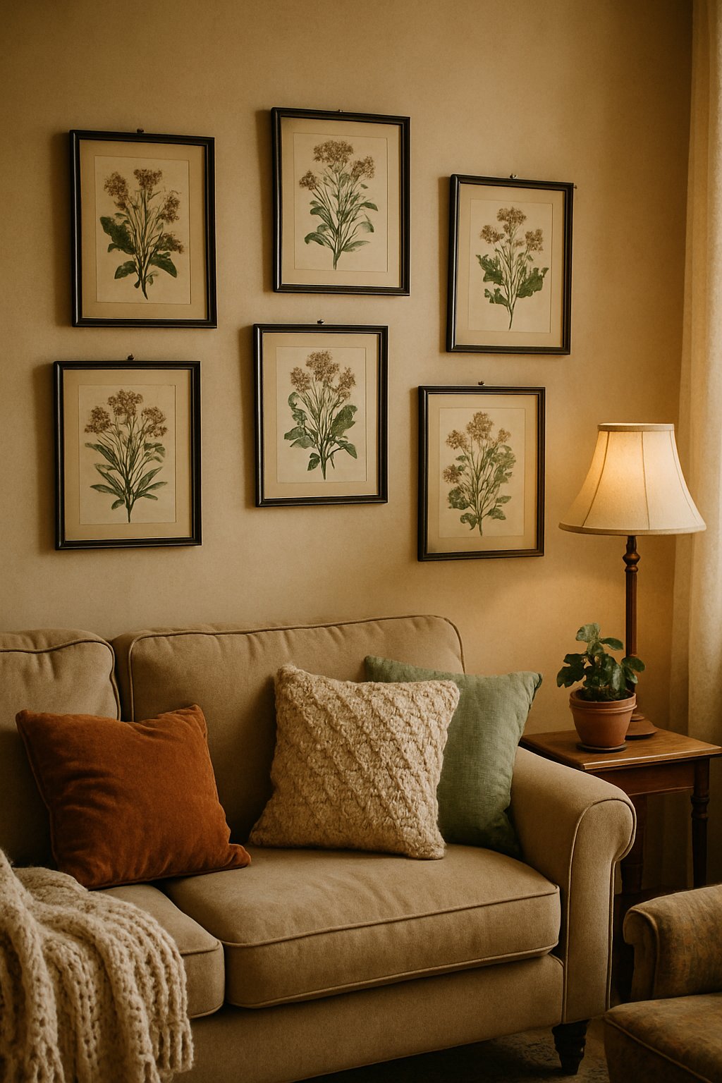A cozy living room with framed botanical prints hung slightly crooked on the wall, surrounded by comfortable seating and decorative plants.