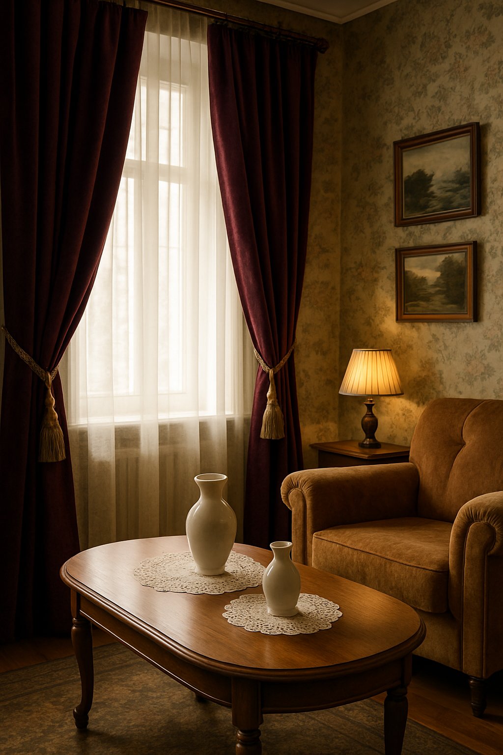 A cozy living room with velvet curtains tied back by tasseled tiebacks, vintage furniture, and warm natural light.
