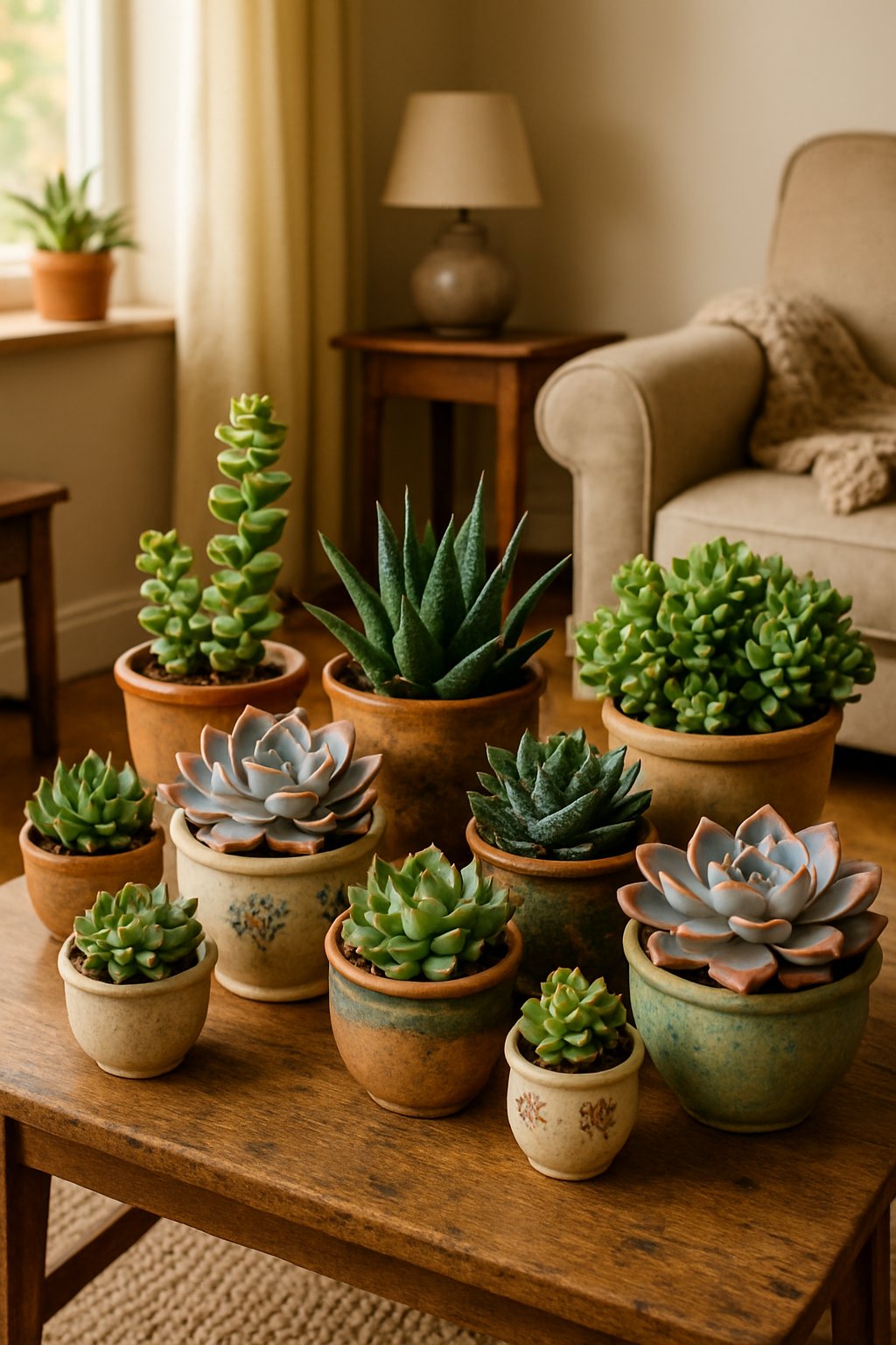 A living room corner with various succulent plants in different mismatched ceramic pots arranged on a wooden surface near a window.