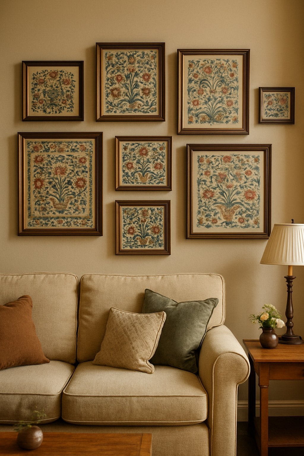 A living room wall decorated with framed vintage embroidered samplers and cozy furniture nearby.