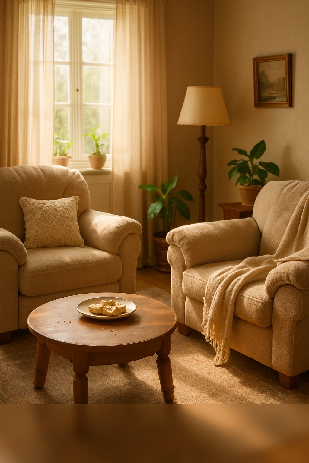 A cozy living room with large fluffy armchairs, a wooden coffee table with cookie crumbs, soft blankets, and plants near a window.