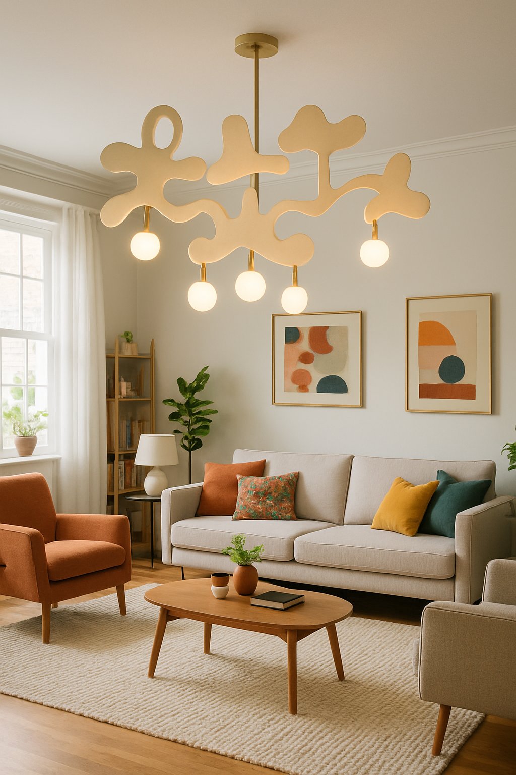 A living room with a ceiling chandelier made of quirky shapes, comfortable seating, plants, and large windows letting in natural light.