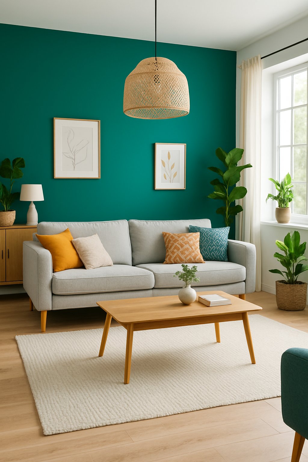 Living room with one wall painted bright teal, featuring a sofa, coffee table, plants, and large windows letting in natural light.