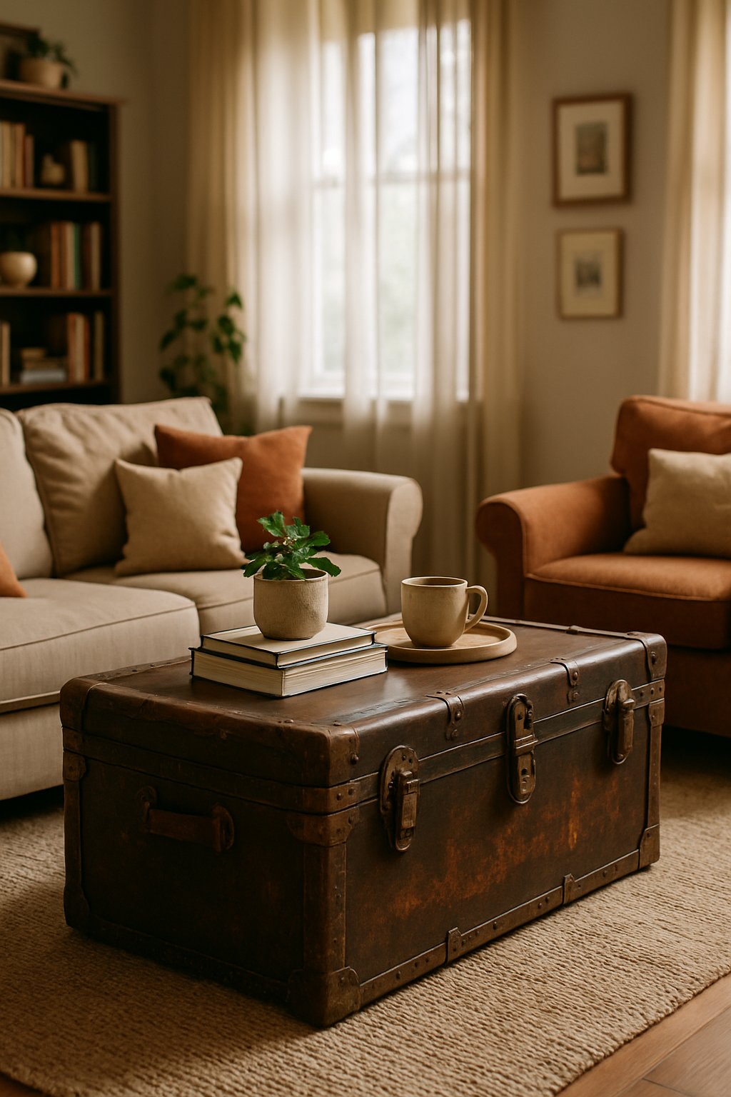 A living room with a vintage trunk used as a coffee table surrounded by sofas, a rug, plants, and books.