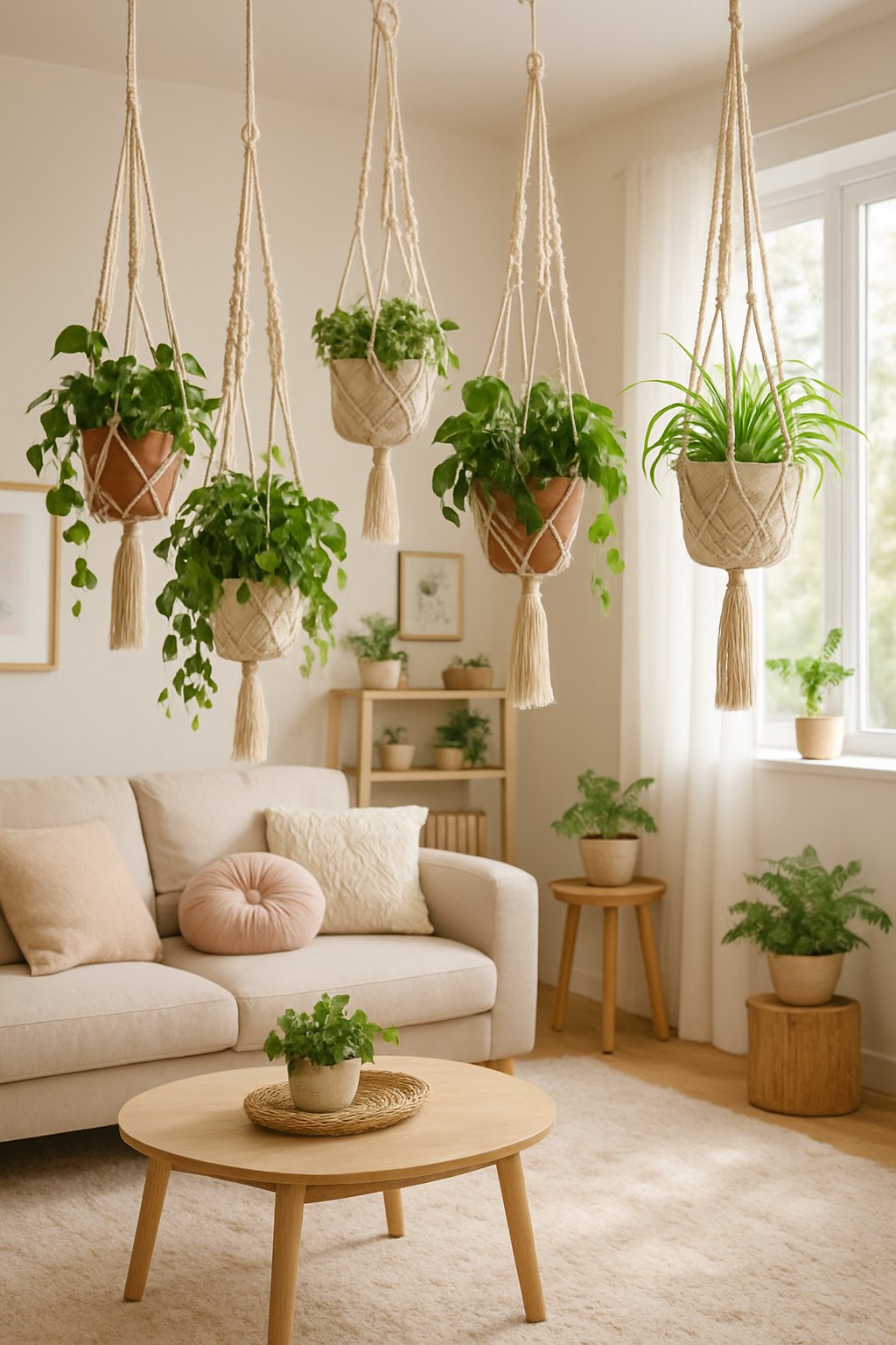 Living room with several macramé plant holders hanging from the ceiling, filled with green plants and surrounded by cozy furniture and decor.