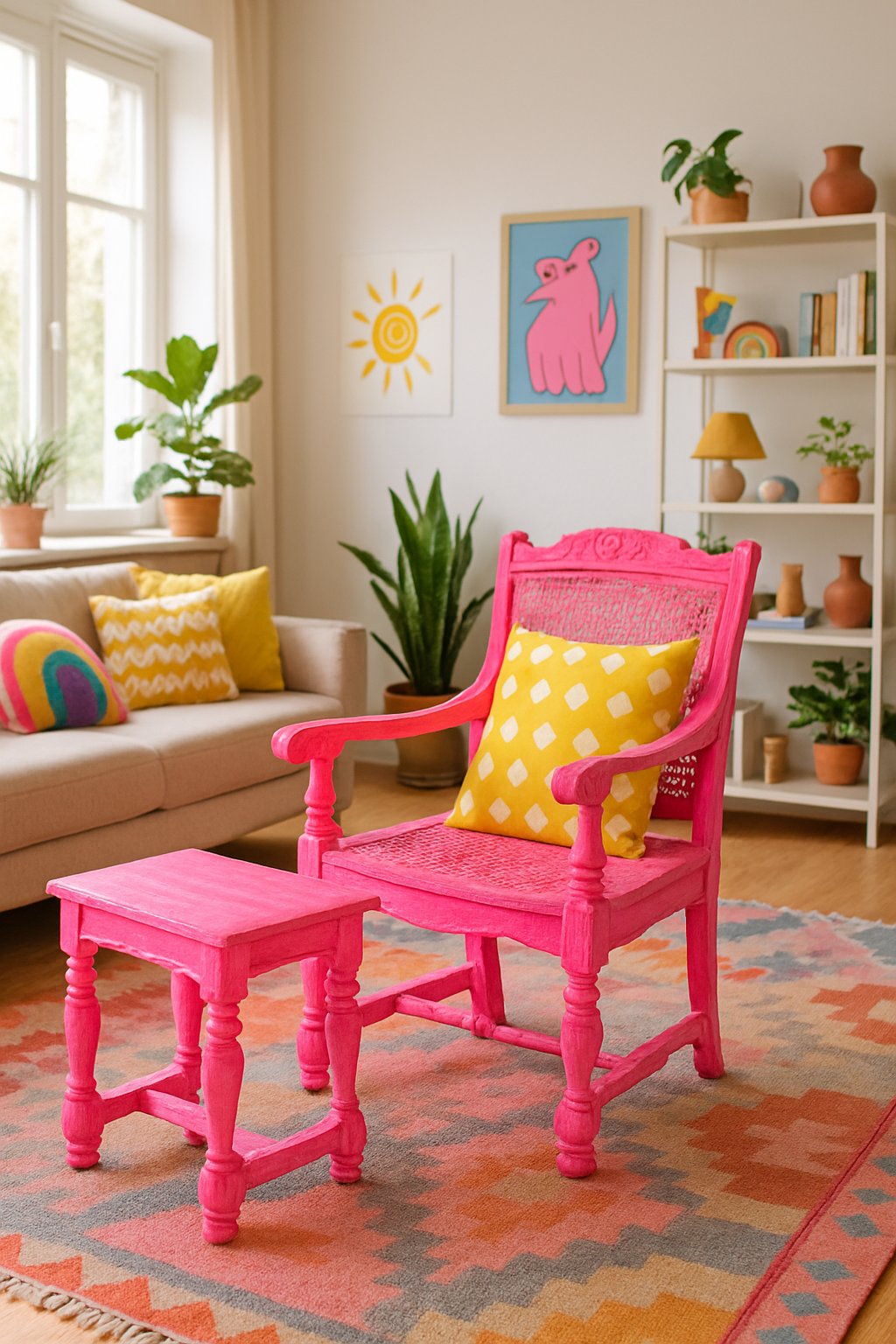 A living room with old wooden furniture spray painted neon pink, surrounded by plants, colorful pillows, and decorative items.