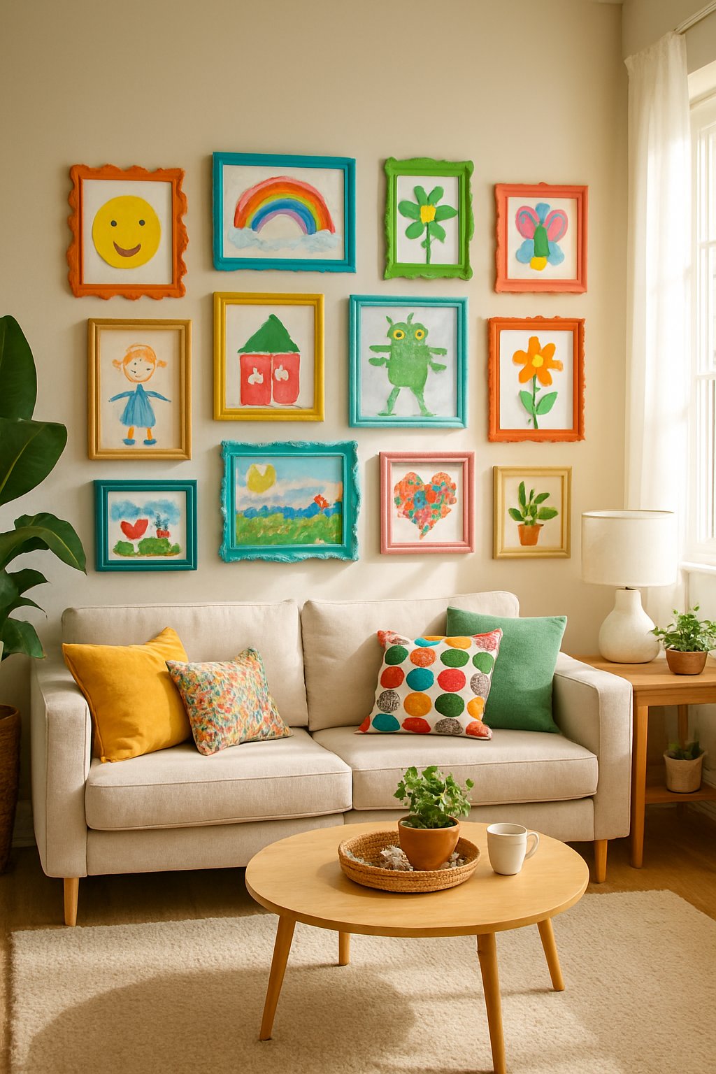 Living room with a gallery wall of colorful children's artwork displayed in various mismatched frames, with comfortable seating and natural light.