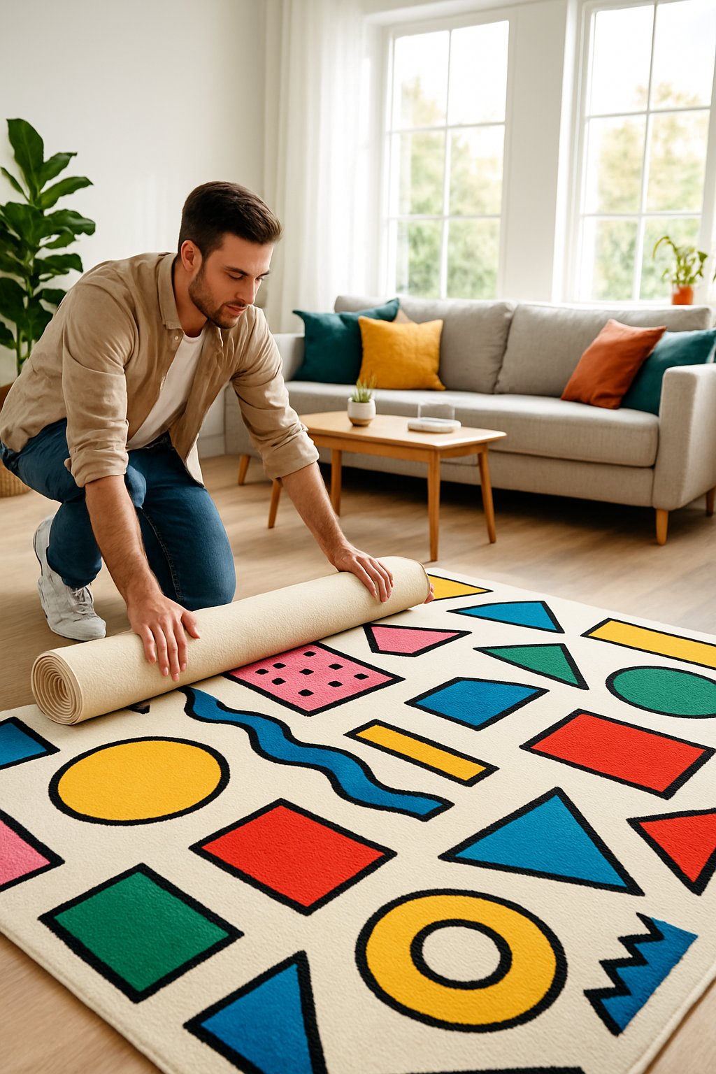 A person laying down a colorful geometric rug in a bright living room with a sofa, coffee table, and plants.
