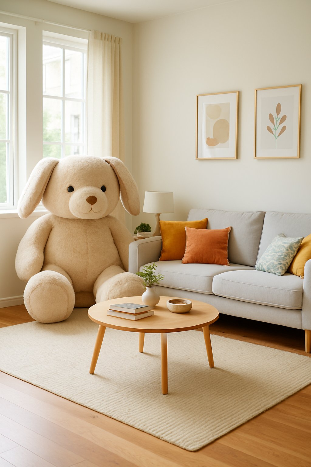 A bright living room with a large stuffed animal in the corner next to a sofa and coffee table.