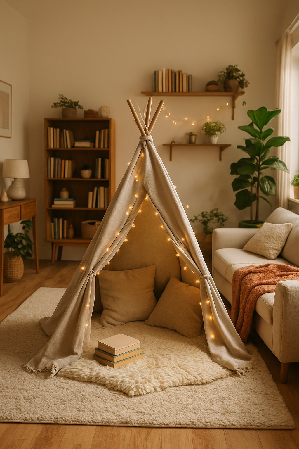 A living room with a teepee tent set up as a cozy reading nook, surrounded by cushions, books, and plants.