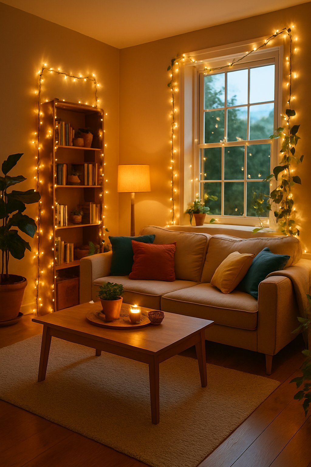 A cozy living room with string fairy lights hanging around a bookshelf, window frame, and plants, creating a warm and inviting atmosphere.