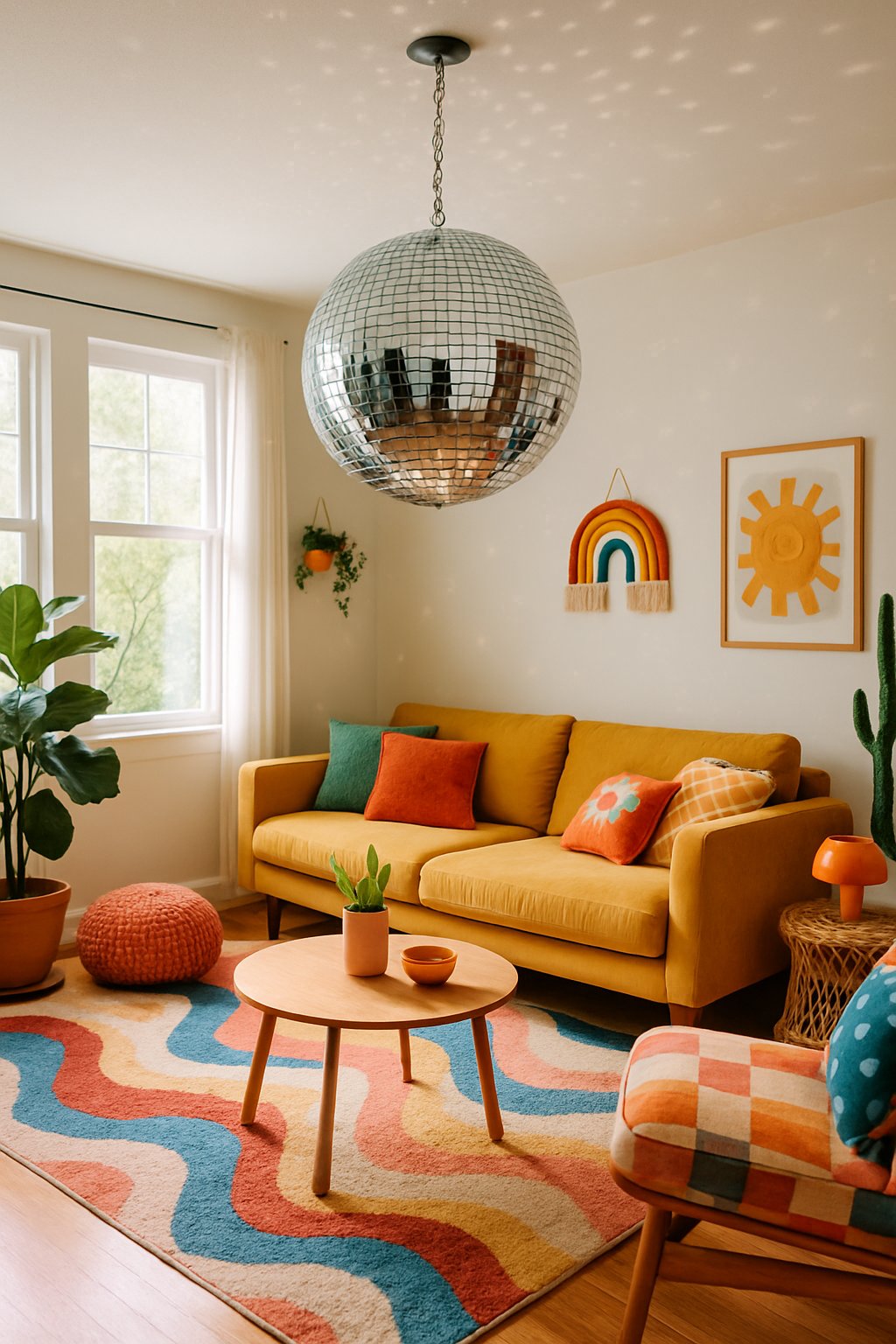 A living room with a disco ball hanging in the center, surrounded by colorful furniture and decorations.