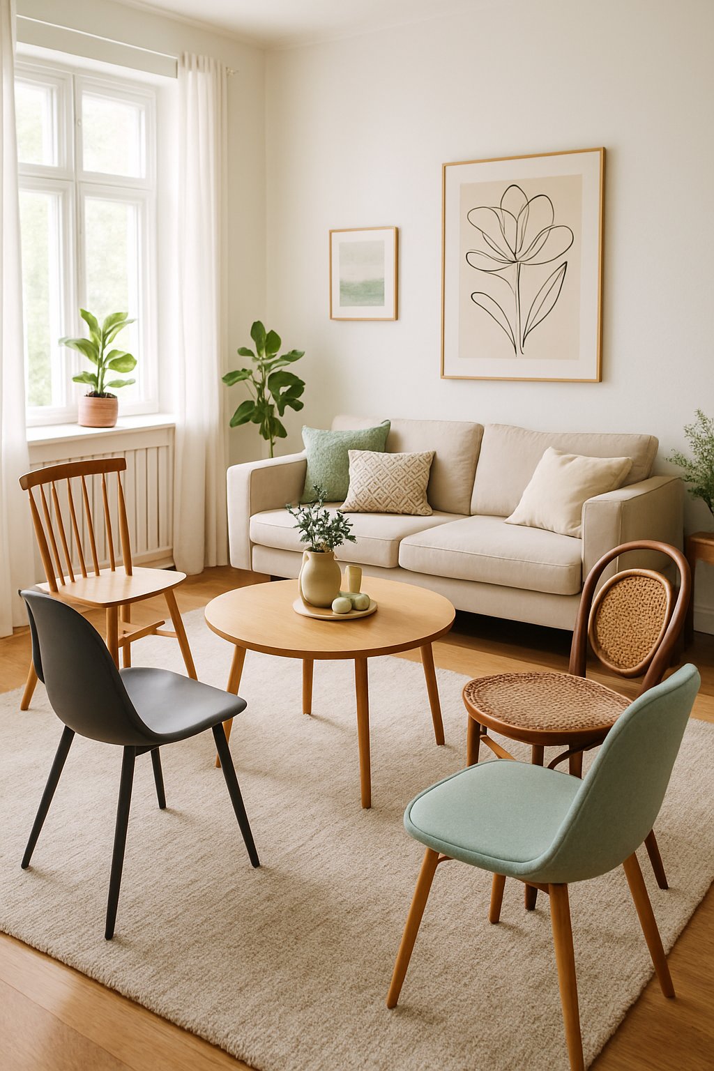 A bright living room with mismatched dining chairs arranged around a coffee table next to a sofa and plants.