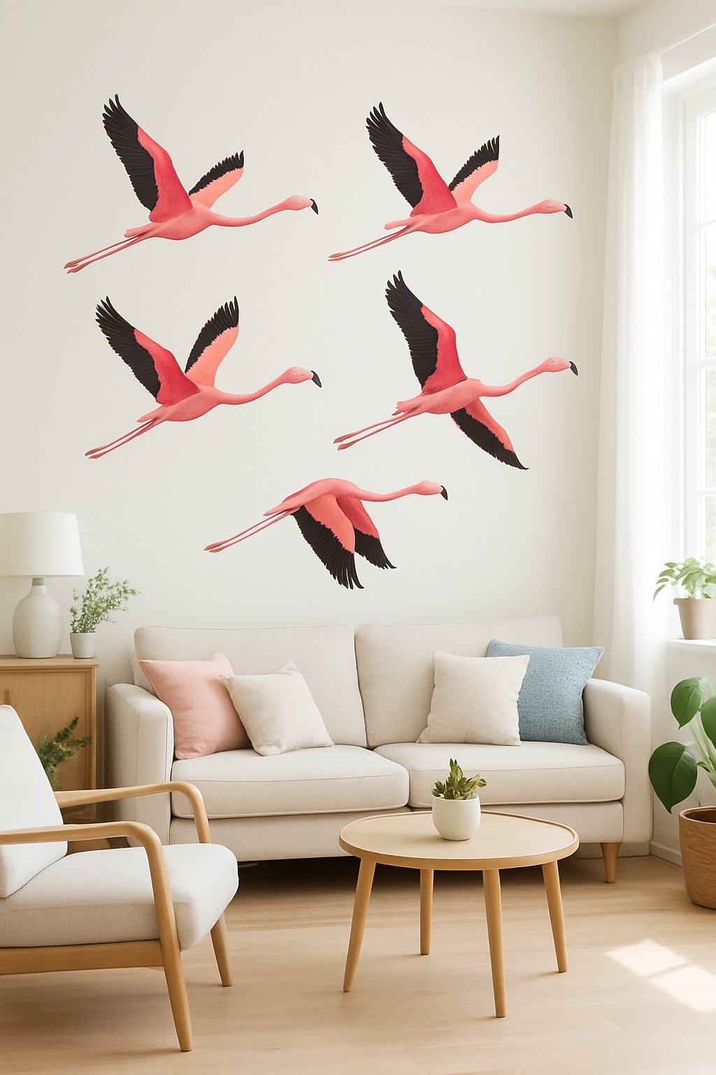 A living room with flying flamingo wall decals above a sofa, featuring pastel colors and natural light.