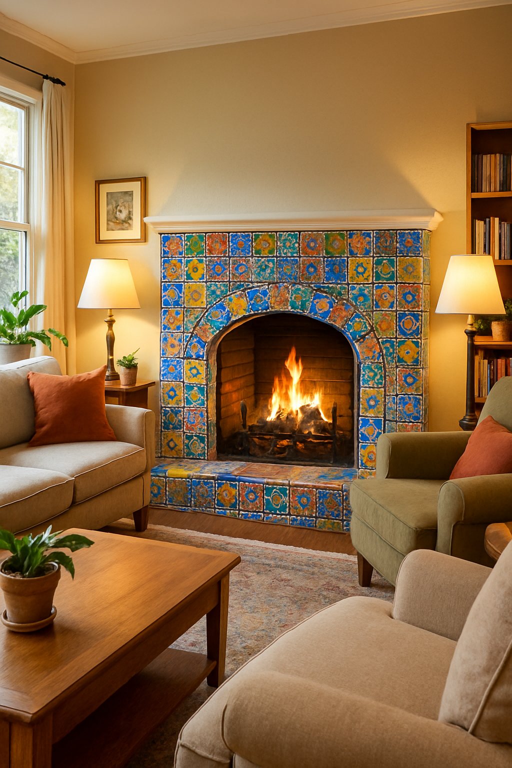 A living room with a fireplace surrounded by colorful mosaic tiles and comfortable seating.