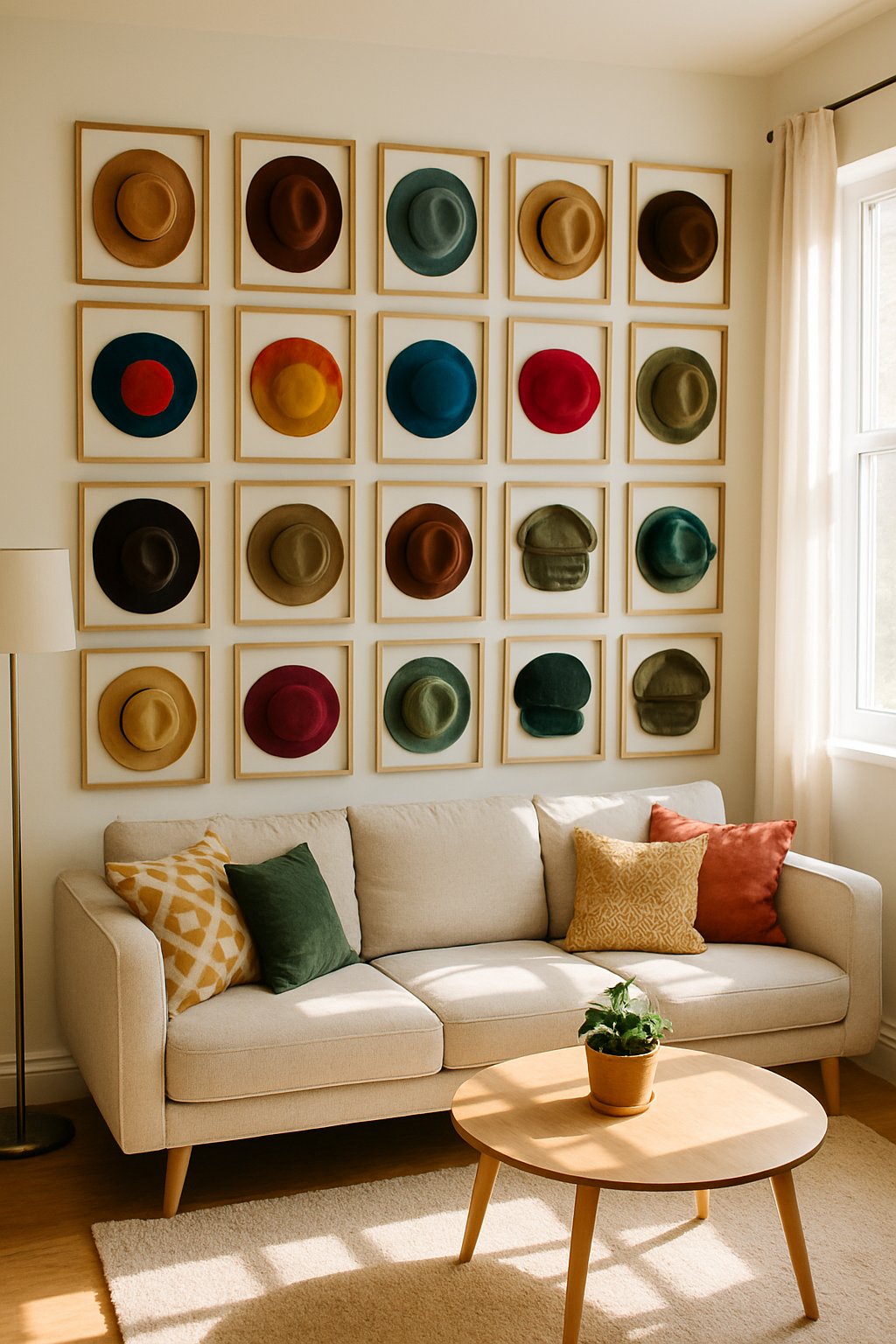 A living room with a gallery wall displaying various colorful and stylish hats in frames above a sofa with cushions and a coffee table.
