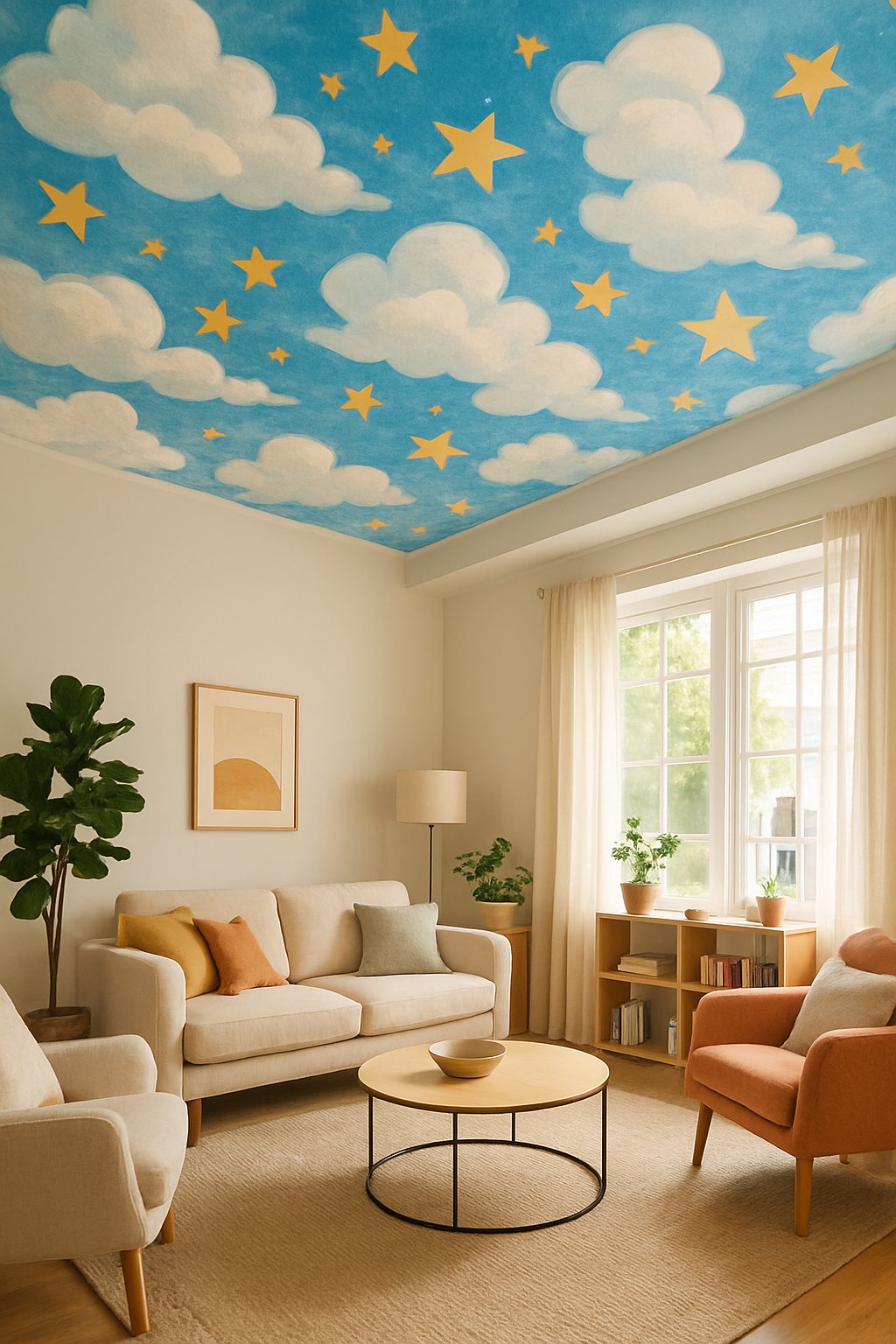A cozy living room with a ceiling painted with stars and clouds, furnished with a sofa, armchairs, coffee table, plants, and bookshelves.