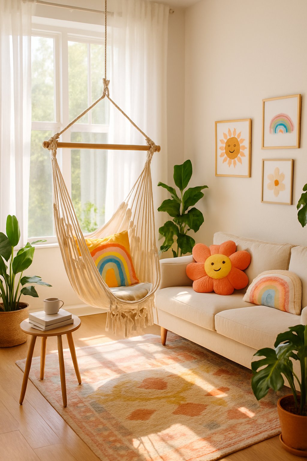 A living room with a hammock chair hanging by a large window surrounded by plants, a side table, and a sofa.