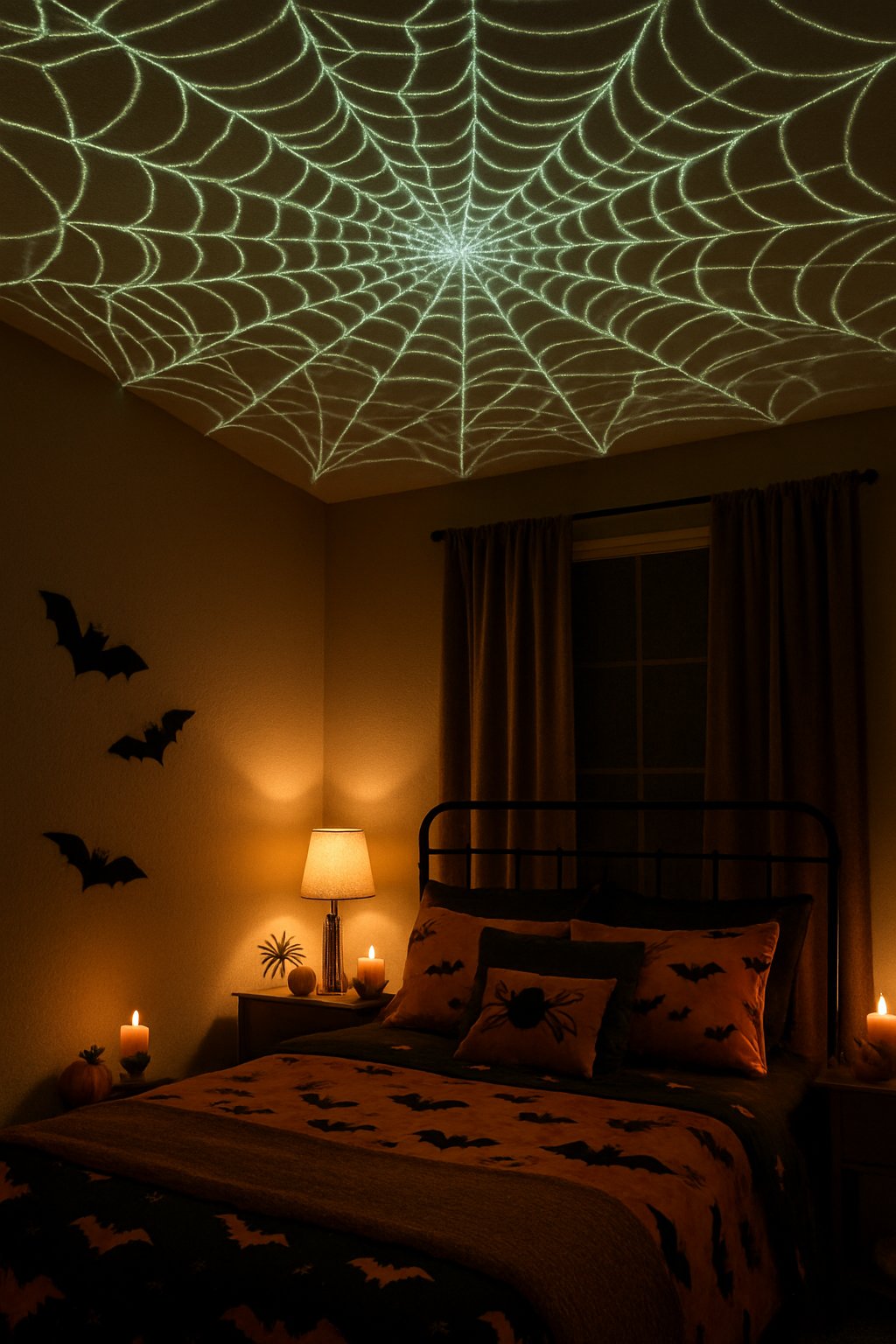 A bedroom with glow-in-the-dark spider web decorations covering the ceiling and Halloween-themed decor throughout the room.