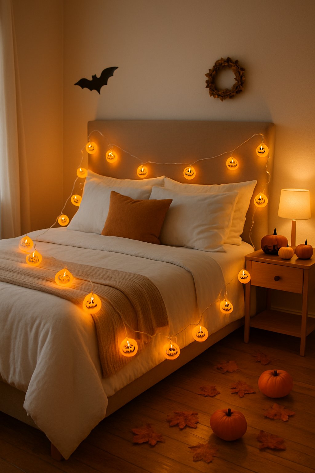A bedroom with pumpkin string lights draped over the bed and Halloween decorations around.