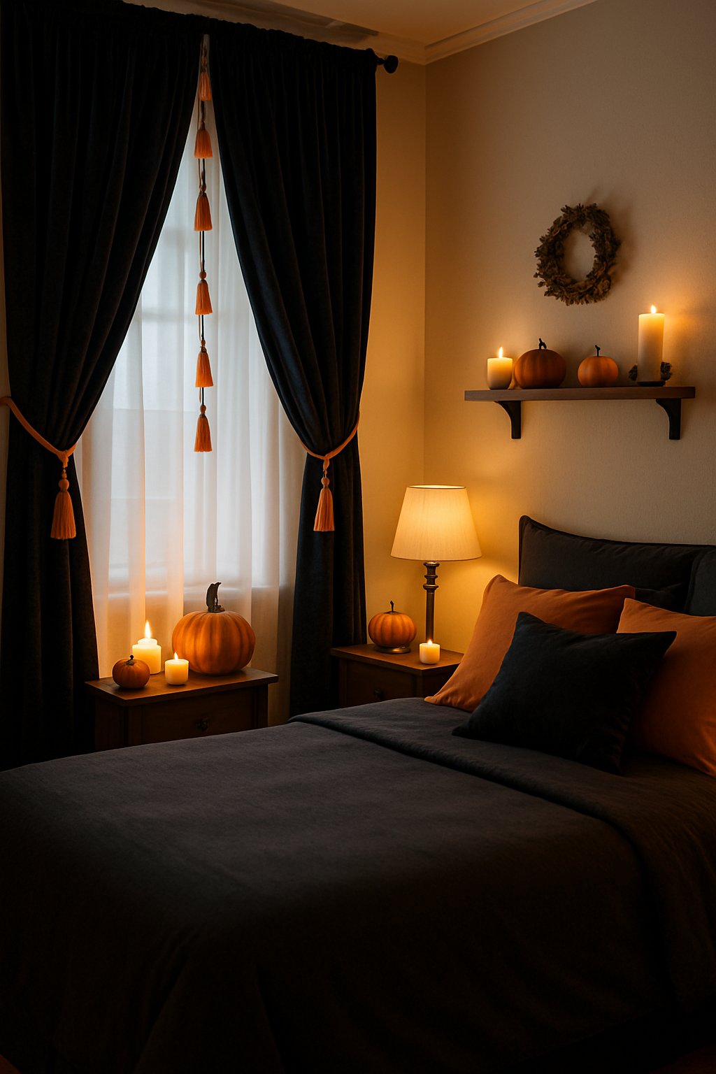 A bedroom with black velvet curtains and orange tassels, decorated with pumpkins and candles for Halloween.