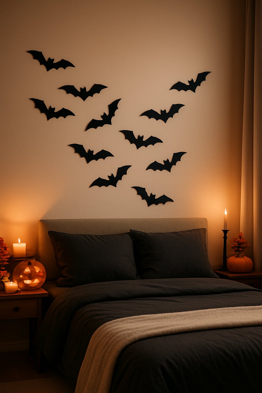 A bedroom with bat-shaped wall decals arranged to look like flying bats on the wall, decorated for Halloween with pumpkins and candles.
